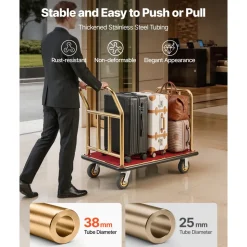 VEVOR Hotel Luggage Cart, 750 lbs Heavy Duty Bellman Cart with Stainless Steel Frame, 6 in Rubber Wheels, Red Carpeted Deck, Commercial Luggage Carrier Rolling Trolley for Hotels, Resorts, Gold