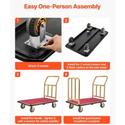 VEVOR Hotel Luggage Cart, 750 lbs Heavy Duty Bellman Cart with Stainless Steel Frame, 6 in Rubber Wheels, Red Carpeted Deck, Commercial Luggage Carrier Rolling Trolley for Hotels, Resorts, Gold