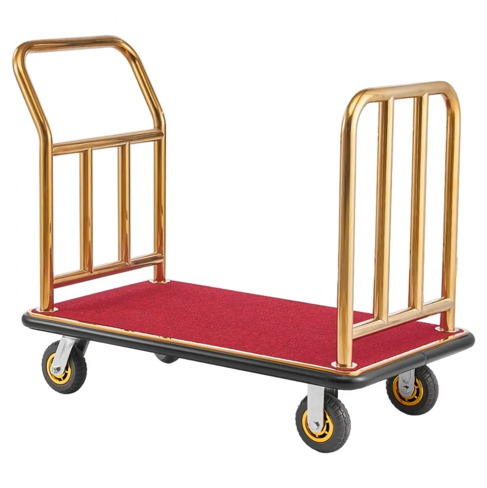VEVOR Hotel Luggage Cart, 750 lbs Heavy Duty Bellman Cart with Stainless Steel Frame, 6 in Rubber Wheels, Red Carpeted Deck, Commercial Luggage Carrier Rolling Trolley for Hotels, Resorts, Gold