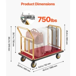 VEVOR Hotel Luggage Cart, 750 lbs Heavy Duty Bellman Cart with Stainless Steel Frame, 6 in Rubber Wheels, Red Carpeted Deck, Commercial Luggage Carrier Rolling Trolley for Hotels, Resorts, Gold