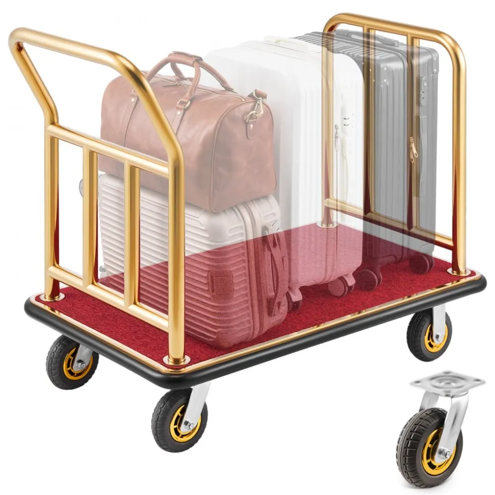 VEVOR Hotel Luggage Cart, 750 lbs Heavy Duty Bellman Cart with Stainless Steel Frame, 6 in Rubber Wheels, Red Carpeted Deck, Commercial Luggage Carrier Rolling Trolley for Hotels, Resorts, Gold