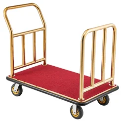 VEVOR Hotel Luggage Cart, 750 lbs Heavy Duty Bellman Cart with Stainless Steel Frame, 6 in Rubber Wheels, Red Carpeted Deck, Commercial Luggage Carrier Rolling Trolley for Hotels, Resorts, Gold
