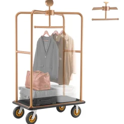 VEVOR Hotel Luggage Cart, 1200 lbs Heavy Duty Bellman Cart with Stainless Steel Frame, 8 in Rubber Wheels, Black Carpeted Deck, Commercial Luggage Carrier Rolling Trolley for Hotels,Resorts, Rose Gold