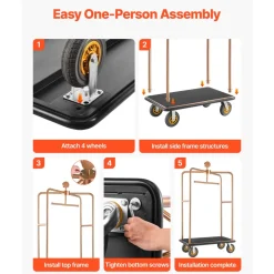 VEVOR Hotel Luggage Cart, 1200 lbs Heavy Duty Bellman Cart with Stainless Steel Frame, 8 in Rubber Wheels, Black Carpeted Deck, Commercial Luggage Carrier Rolling Trolley for Hotels,Resorts, Rose Gold