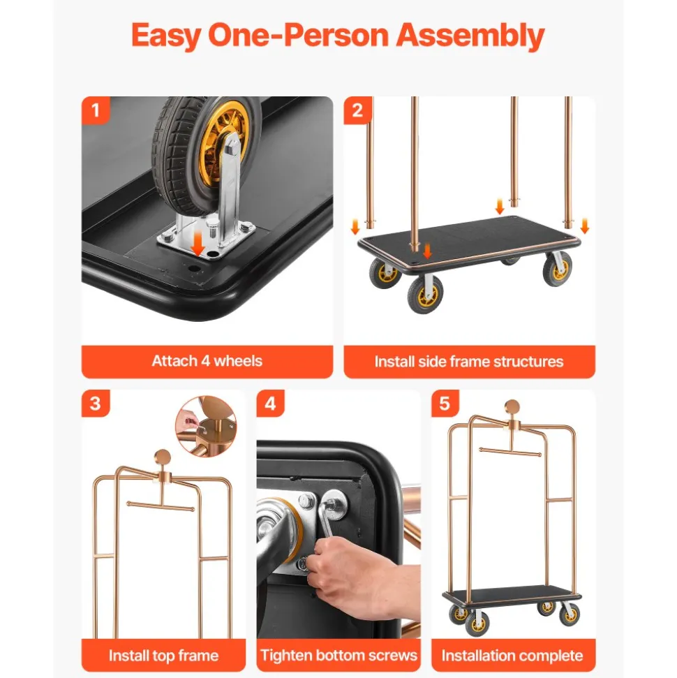 VEVOR Hotel Luggage Cart, 1200 lbs Heavy Duty Bellman Cart with Stainless Steel Frame, 8 in Rubber Wheels, Black Carpeted Deck, Commercial Luggage Carrier Rolling Trolley for Hotels,Resorts, Rose Gold