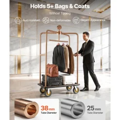 VEVOR Hotel Luggage Cart, 1200 lbs Heavy Duty Bellman Cart with Stainless Steel Frame, 8 in Rubber Wheels, Black Carpeted Deck, Commercial Luggage Carrier Rolling Trolley for Hotels,Resorts, Rose Gold