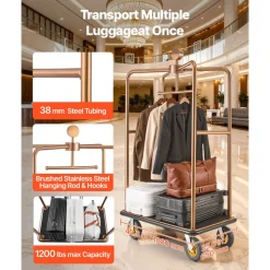VEVOR Hotel Luggage Cart, 1200 lbs Heavy Duty Bellman Cart with Stainless Steel Frame, 8 in Rubber Wheels, Black Carpeted Deck, Commercial Luggage Carrier Rolling Trolley for Hotels,Resorts, Rose Gold