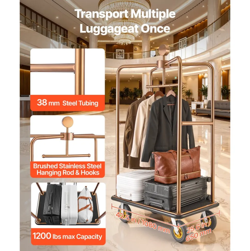VEVOR Hotel Luggage Cart, 1200 lbs Heavy Duty Bellman Cart with Stainless Steel Frame, 8 in Rubber Wheels, Black Carpeted Deck, Commercial Luggage Carrier Rolling Trolley for Hotels,Resorts, Rose Gold