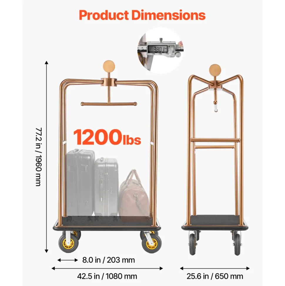 VEVOR Hotel Luggage Cart, 1200 lbs Heavy Duty Bellman Cart with Stainless Steel Frame, 8 in Rubber Wheels, Black Carpeted Deck, Commercial Luggage Carrier Rolling Trolley for Hotels,Resorts, Rose Gold