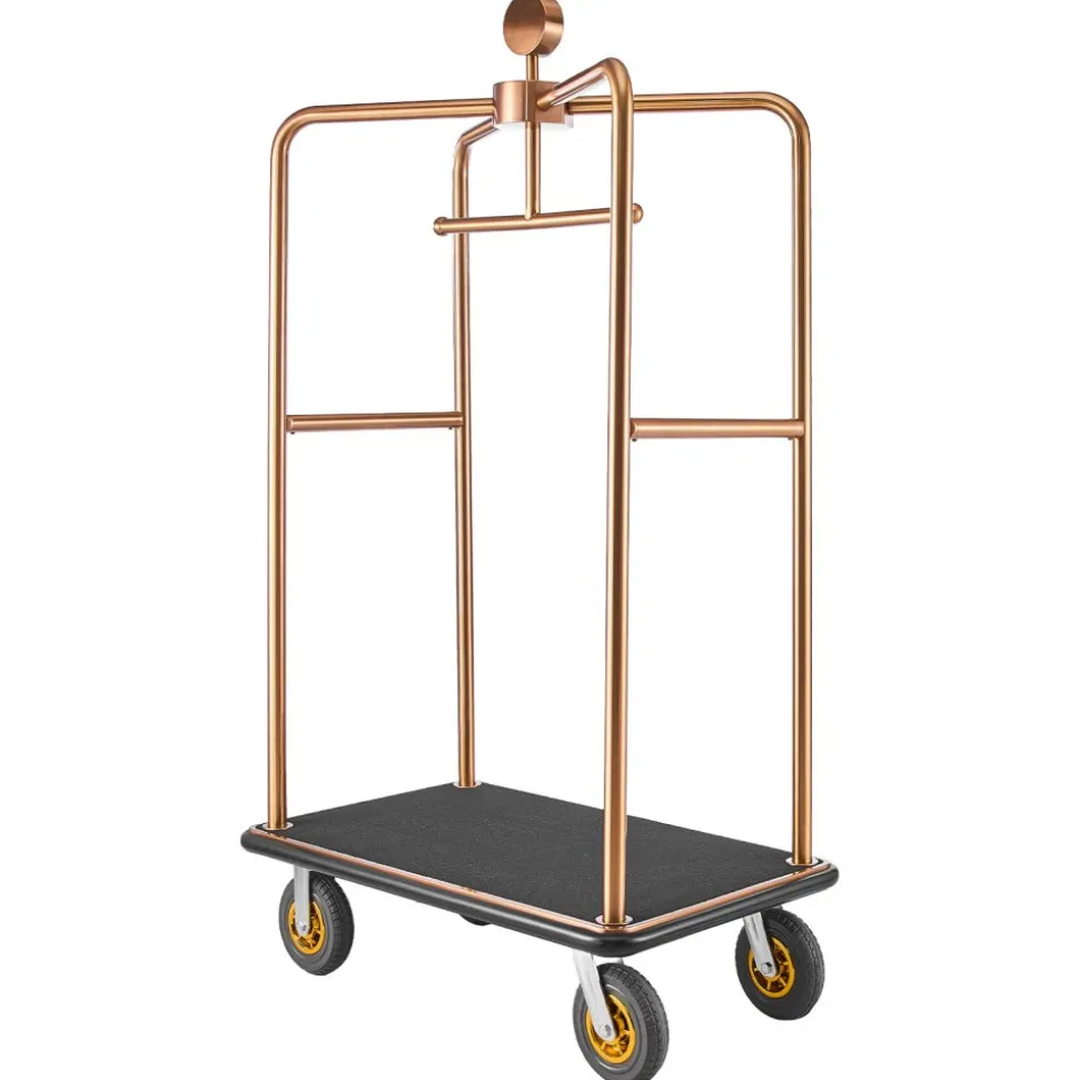 VEVOR Hotel Luggage Cart, 1200 lbs Heavy Duty Bellman Cart with Stainless Steel Frame, 8 in Rubber Wheels, Black Carpeted Deck, Commercial Luggage Carrier Rolling Trolley for Hotels,Resorts, Rose Gold