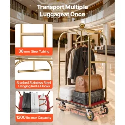 VEVOR Hotel Luggage Cart, 1200 lbs Heavy Duty Bellman Cart with Stainless Steel Frame, 8 in Rubber Wheels, Red Carpeted Deck, Commercial Luggage Carrier Rolling Trolley for Hotels, Resorts, Gold