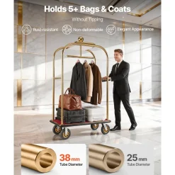 VEVOR Hotel Luggage Cart, 1200 lbs Heavy Duty Bellman Cart with Stainless Steel Frame, 8 in Rubber Wheels, Red Carpeted Deck, Commercial Luggage Carrier Rolling Trolley for Hotels, Resorts, Gold