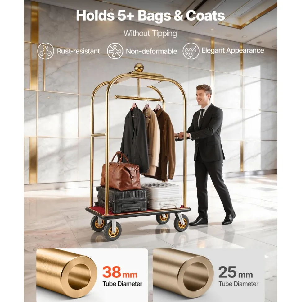 VEVOR Hotel Luggage Cart, 1200 lbs Heavy Duty Bellman Cart with Stainless Steel Frame, 8 in Rubber Wheels, Red Carpeted Deck, Commercial Luggage Carrier Rolling Trolley for Hotels, Resorts, Gold