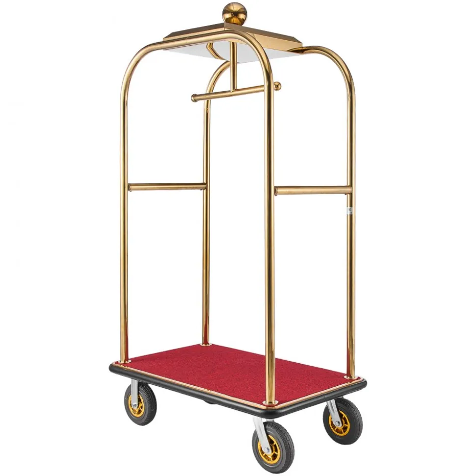 VEVOR Hotel Luggage Cart, 1200 lbs Heavy Duty Bellman Cart with Stainless Steel Frame, 8 in Rubber Wheels, Red Carpeted Deck, Commercial Luggage Carrier Rolling Trolley for Hotels, Resorts, Gold