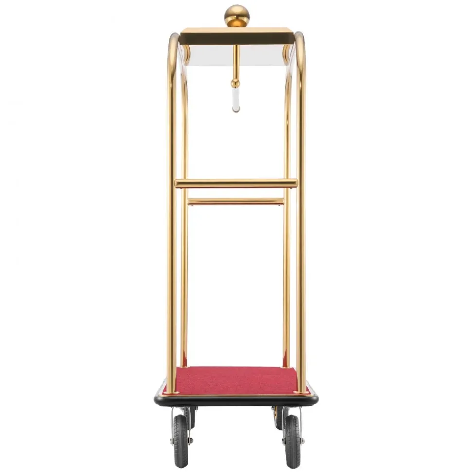 VEVOR Hotel Luggage Cart, 1200 lbs Heavy Duty Bellman Cart with Stainless Steel Frame, 8 in Rubber Wheels, Red Carpeted Deck, Commercial Luggage Carrier Rolling Trolley for Hotels, Resorts, Gold
