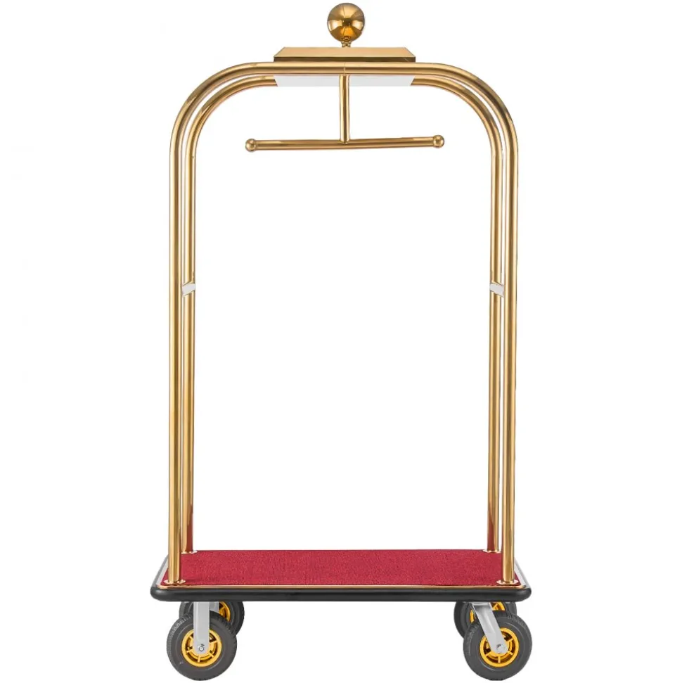 VEVOR Hotel Luggage Cart, 1200 lbs Heavy Duty Bellman Cart with Stainless Steel Frame, 8 in Rubber Wheels, Red Carpeted Deck, Commercial Luggage Carrier Rolling Trolley for Hotels, Resorts, Gold