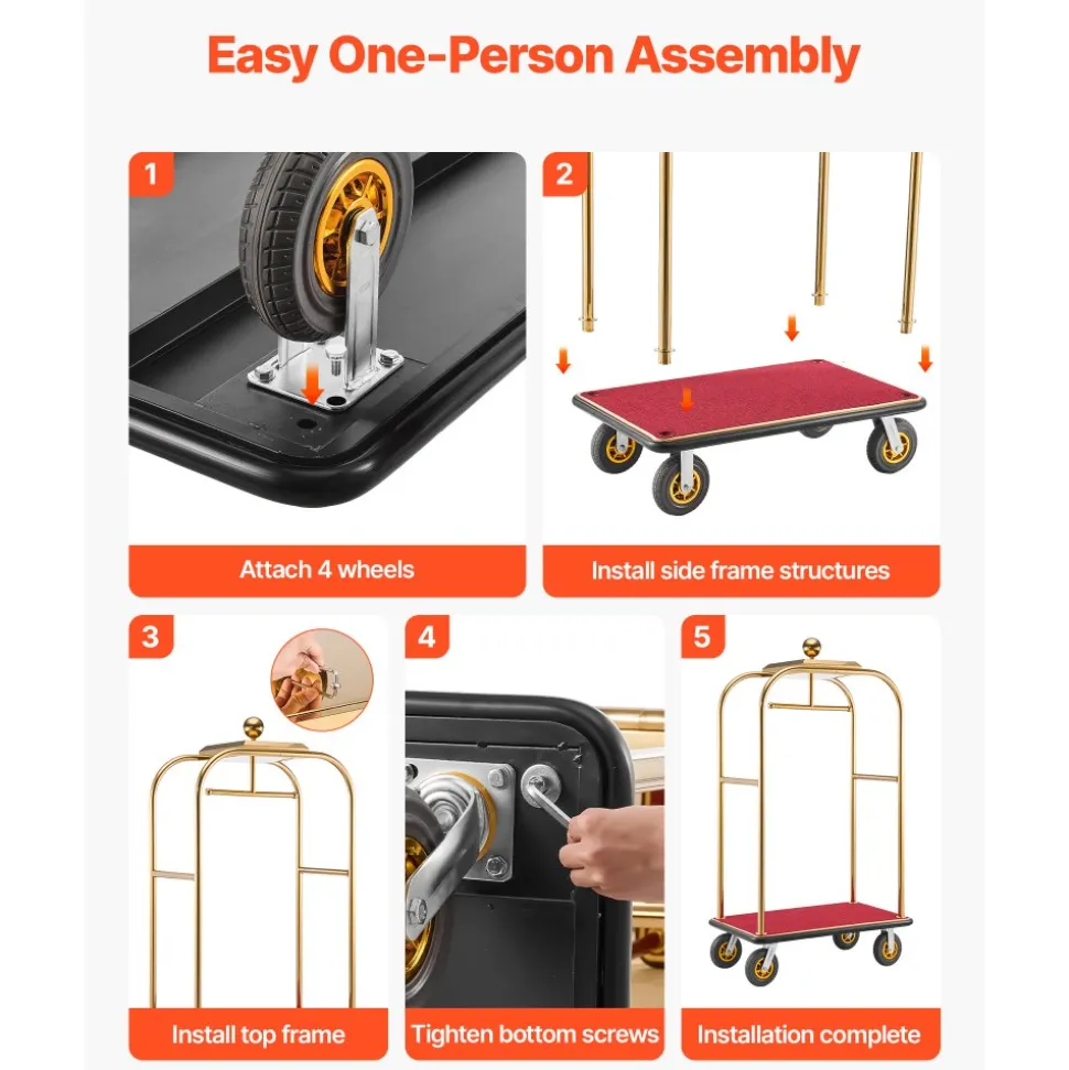 VEVOR Hotel Luggage Cart, 1200 lbs Heavy Duty Bellman Cart with Stainless Steel Frame, 8 in Rubber Wheels, Red Carpeted Deck, Commercial Luggage Carrier Rolling Trolley for Hotels, Resorts, Gold