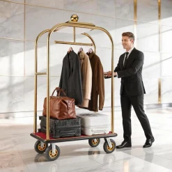 VEVOR Hotel Luggage Cart, 1200 lbs Heavy Duty Bellman Cart with Stainless Steel Frame, 8 in Rubber Wheels, Red Carpeted Deck, Commercial Luggage Carrier Rolling Trolley for Hotels, Resorts, Gold