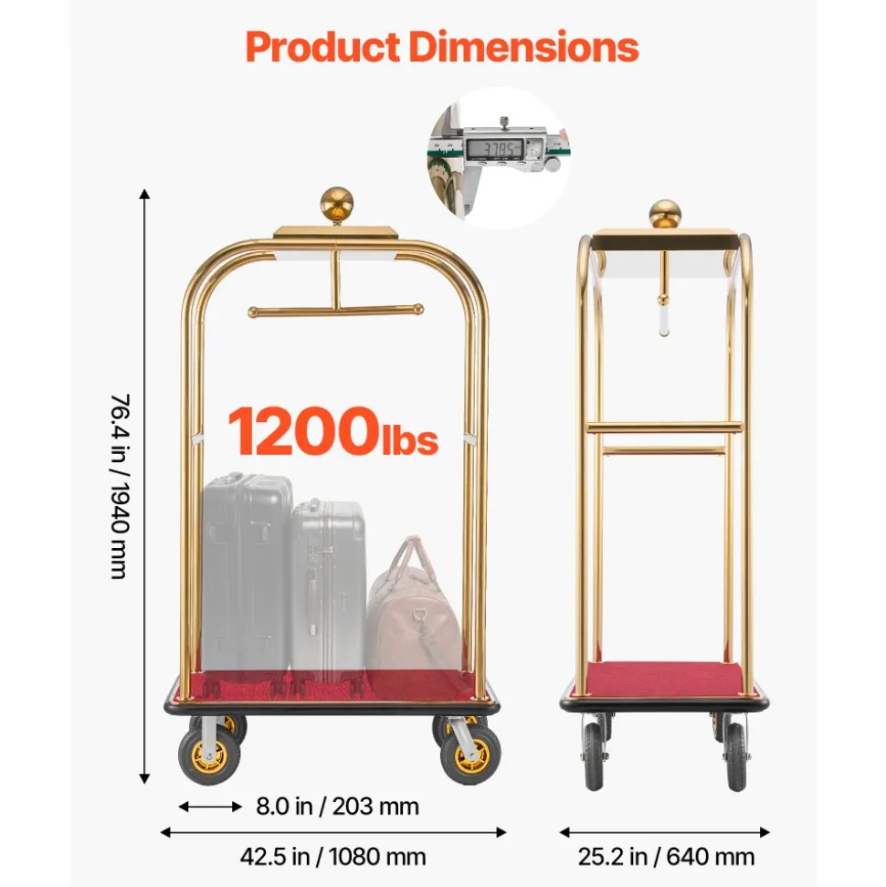 VEVOR Hotel Luggage Cart, 1200 lbs Heavy Duty Bellman Cart with Stainless Steel Frame, 8 in Rubber Wheels, Red Carpeted Deck, Commercial Luggage Carrier Rolling Trolley for Hotels, Resorts, Gold