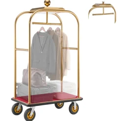 VEVOR Hotel Luggage Cart, 1200 lbs Heavy Duty Bellman Cart with Stainless Steel Frame, 8 in Rubber Wheels, Red Carpeted Deck, Commercial Luggage Carrier Rolling Trolley for Hotels, Resorts, Gold