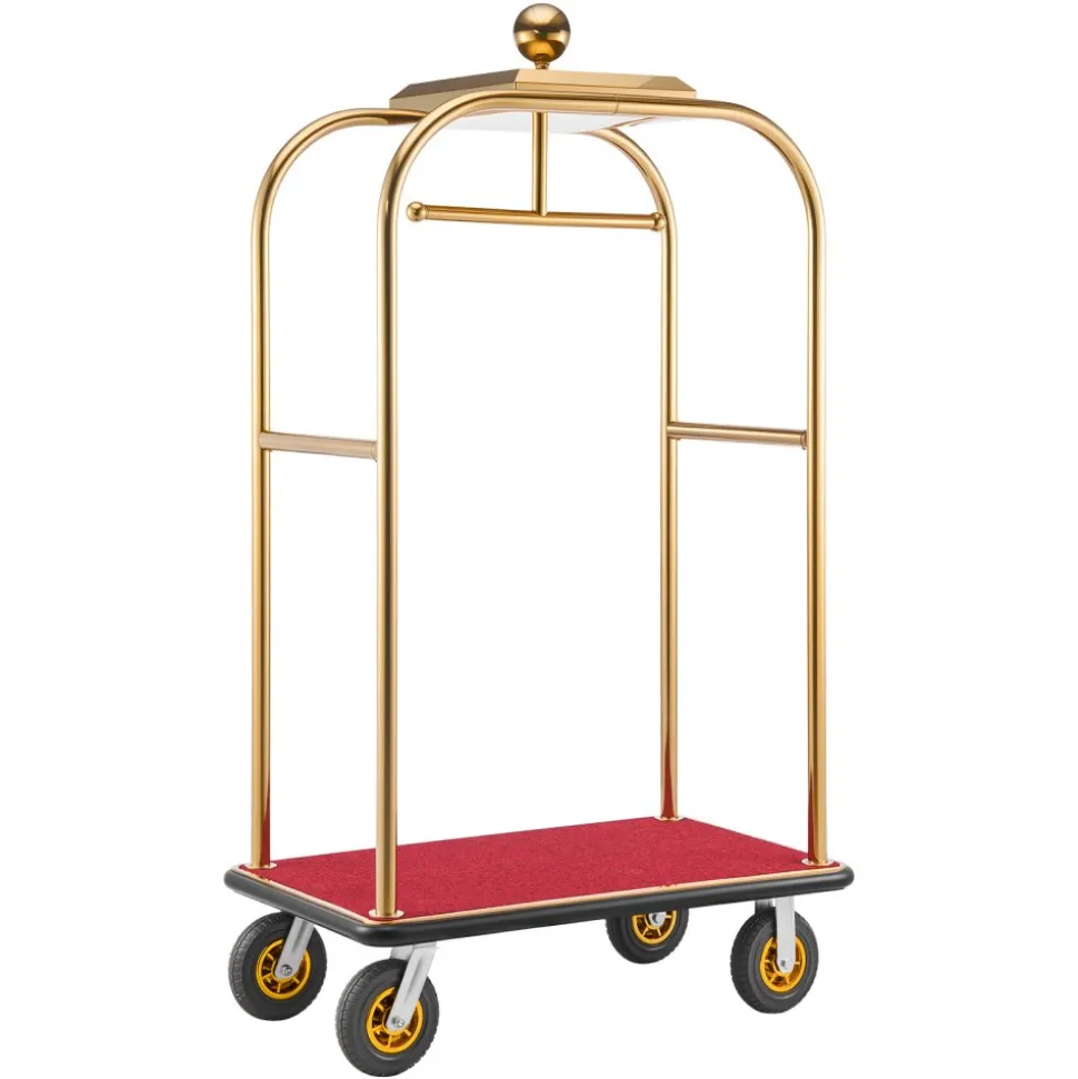 VEVOR Hotel Luggage Cart, 1200 lbs Heavy Duty Bellman Cart with Stainless Steel Frame, 8 in Rubber Wheels, Red Carpeted Deck, Commercial Luggage Carrier Rolling Trolley for Hotels, Resorts, Gold