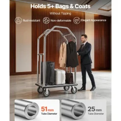 VEVOR Hotel Luggage Cart, 1500 lbs Heavy Duty Bellman Cart with Stainless Steel Frame, 8 in Rubber Wheels, Gray Carpeted Deck, Commercial Luggage Carrier Rolling Trolley for Hotels,Resorts,Silver