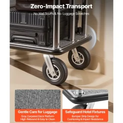 VEVOR Hotel Luggage Cart, 1500 lbs Heavy Duty Bellman Cart with Stainless Steel Frame, 8 in Rubber Wheels, Gray Carpeted Deck, Commercial Luggage Carrier Rolling Trolley for Hotels,Resorts,Silver