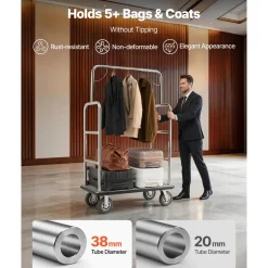 VEVOR Hotel Luggage Cart, 1200 LBS Load Capacity, Brushed Stainless Steel Finish Bellman's Cart, Valet Cart with Grey Carpeted Deck and 8-inch Rubber Wheels, Ideal for Hotels, Condos, Resorts, Silver