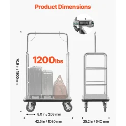 VEVOR Hotel Luggage Cart, 1200 LBS Load Capacity, Brushed Stainless Steel Finish Bellman's Cart, Valet Cart with Grey Carpeted Deck and 8-inch Rubber Wheels, Ideal for Hotels, Condos, Resorts, Silver