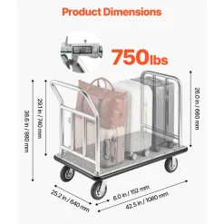 VEVOR Hotel Luggage Cart, 750 LBS Load Capacity, Deluxe Platform Truck with Removable Front Frame, Valet Cart with Grey Carpeted Deck and 6-inch Rubber Wheels, Ideal for Hotels, Condos, Resorts