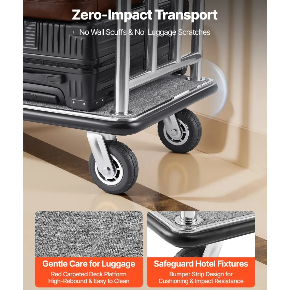 VEVOR Hotel Luggage Cart, 750 LBS Load Capacity, Deluxe Platform Truck with Removable Front Frame, Valet Cart with Grey Carpeted Deck and 6-inch Rubber Wheels, Ideal for Hotels, Condos, Resorts