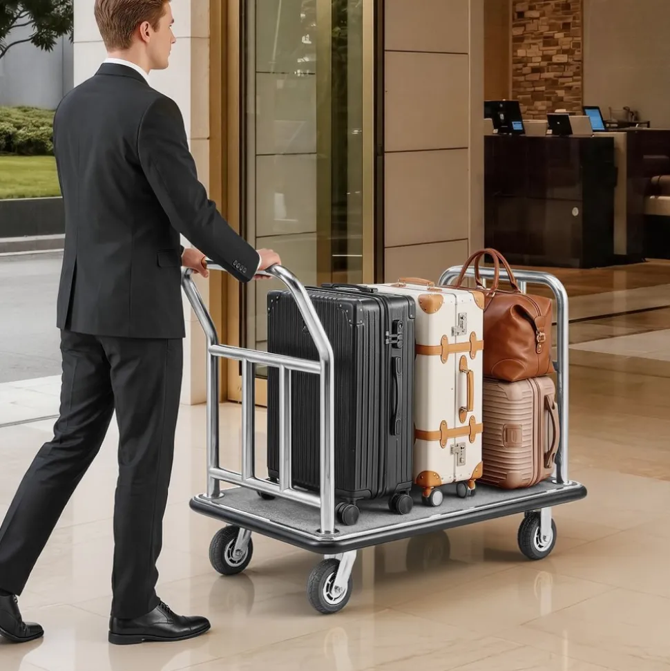 VEVOR Hotel Luggage Cart, 750 LBS Load Capacity, Deluxe Platform Truck with Removable Front Frame, Valet Cart with Grey Carpeted Deck and 6-inch Rubber Wheels, Ideal for Hotels, Condos, Resorts