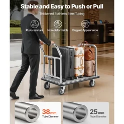 VEVOR Hotel Luggage Cart, 750 LBS Load Capacity, Deluxe Platform Truck with Removable Front Frame, Valet Cart with Grey Carpeted Deck and 6-inch Rubber Wheels, Ideal for Hotels, Condos, Resorts