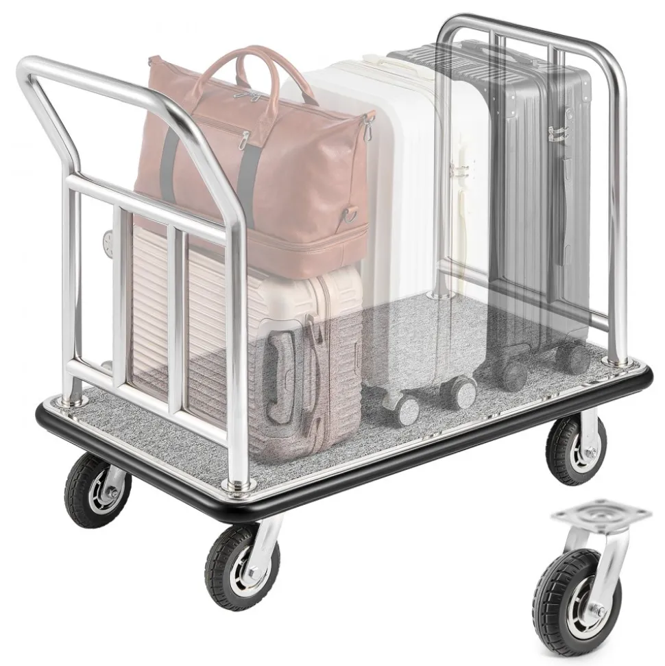 VEVOR Hotel Luggage Cart, 750 LBS Load Capacity, Deluxe Platform Truck with Removable Front Frame, Valet Cart with Grey Carpeted Deck and 6-inch Rubber Wheels, Ideal for Hotels, Condos, Resorts