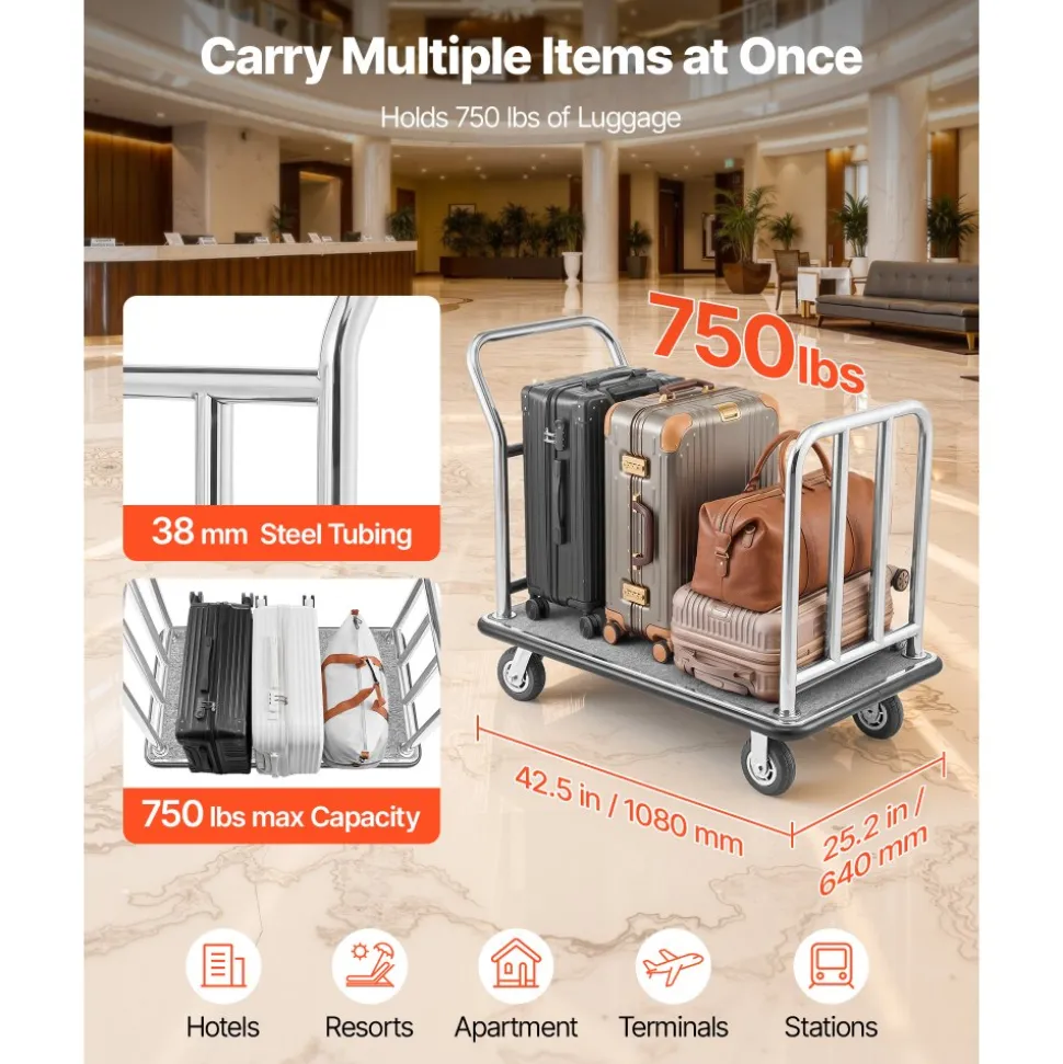 VEVOR Hotel Luggage Cart, 750 LBS Load Capacity, Deluxe Platform Truck with Removable Front Frame, Valet Cart with Grey Carpeted Deck and 6-inch Rubber Wheels, Ideal for Hotels, Condos, Resorts