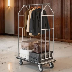 VEVOR Hotel Luggage Cart, 800 LBS Load Capacity, Brushed Stainless Steel Finish Bellman's Cart, Valet Cart with Grey Carpeted Deck and 6-inch Rubber Wheels, Ideal for Hotels, Condos, Resorts, Silver