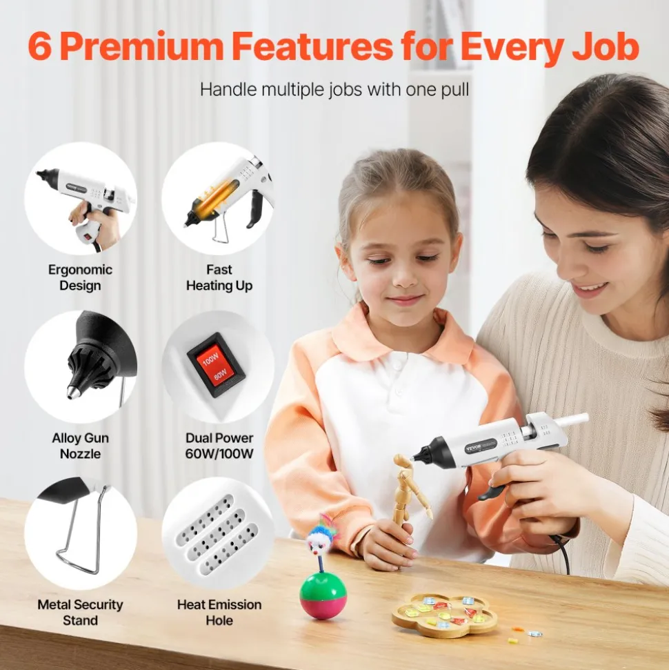 VEVOR Hot Glue Gun, 60/100W Dual Power, Mini Hot Glue Gun with 20 Premium Glue Sticks and Oxford Cloth Bag, Fast Preheating & High Temp Melt Glue Gun for Crafts, Arts, DIY, Quick Home Repairs, White