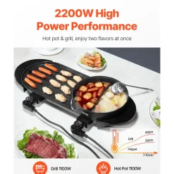 VEVOR Hot Pot with Grill, 2200W 2-in-1 Electric Smokeless Grill and Hot Pot, Korean BBQ Shabu Shabu Hotpot with Separate Dual Temperature Control, Non-stick Pan, for 1-6 People Family Dinning