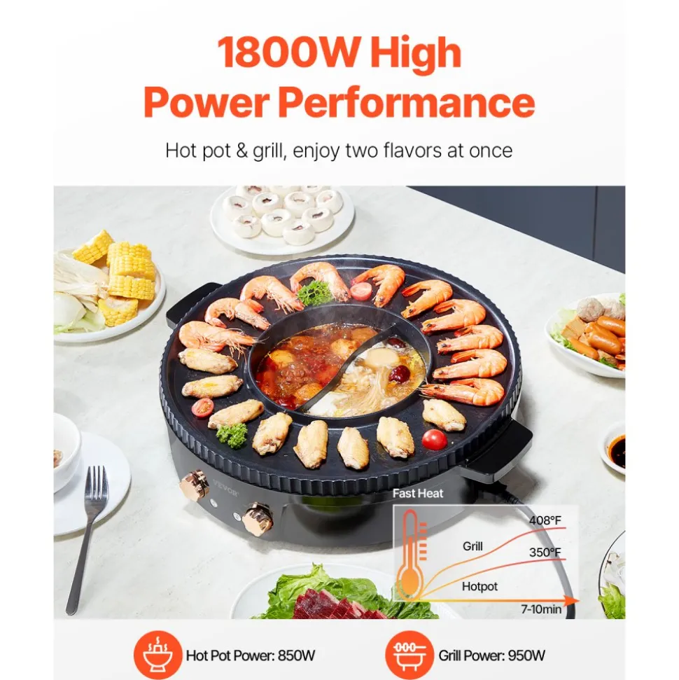 VEVOR Hot Pot with Grill, 1800W 2-in-1 Electric Smokeless Grill and Hot Pot, Korean BBQ Shabu Shabu Hotpot with Separate Dual Temperature Control, Non-stick Pan, for 2-8 People Family Dining