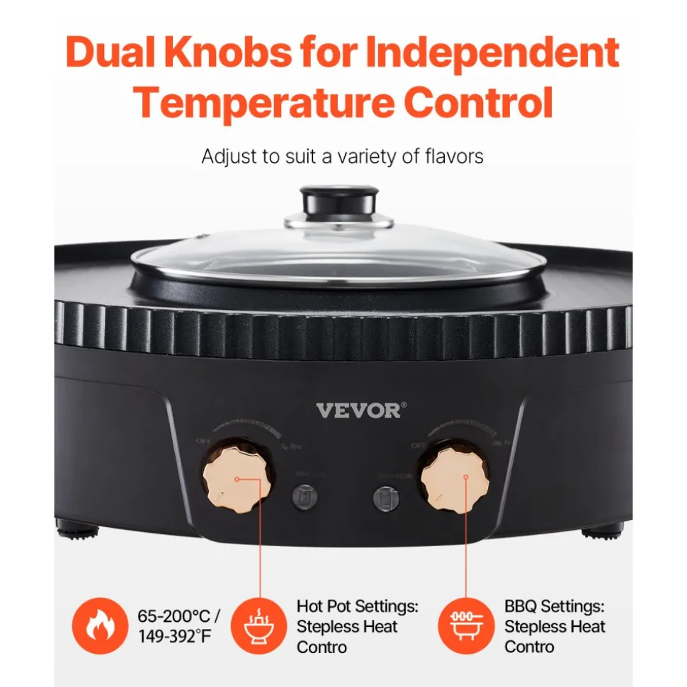 VEVOR Hot Pot with Grill, 1800W 2-in-1 Electric Smokeless Grill and Hot Pot, Korean BBQ Shabu Shabu Hotpot with Separate Dual Temperature Control, Non-stick Pan, for 2-8 People Family Dining