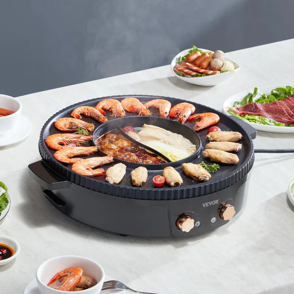 VEVOR Hot Pot with Grill, 1800W 2-in-1 Electric Smokeless Grill and Hot Pot, Korean BBQ Shabu Shabu Hotpot with Separate Dual Temperature Control, Non-stick Pan, for 2-8 People Family Dining
