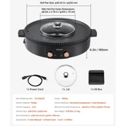 VEVOR Hot Pot with Grill, 1800W 2-in-1 Electric Smokeless Grill and Hot Pot, Korean BBQ Shabu Shabu Hotpot with Separate Dual Temperature Control, Non-stick Pan, for 2-8 People Family Dining