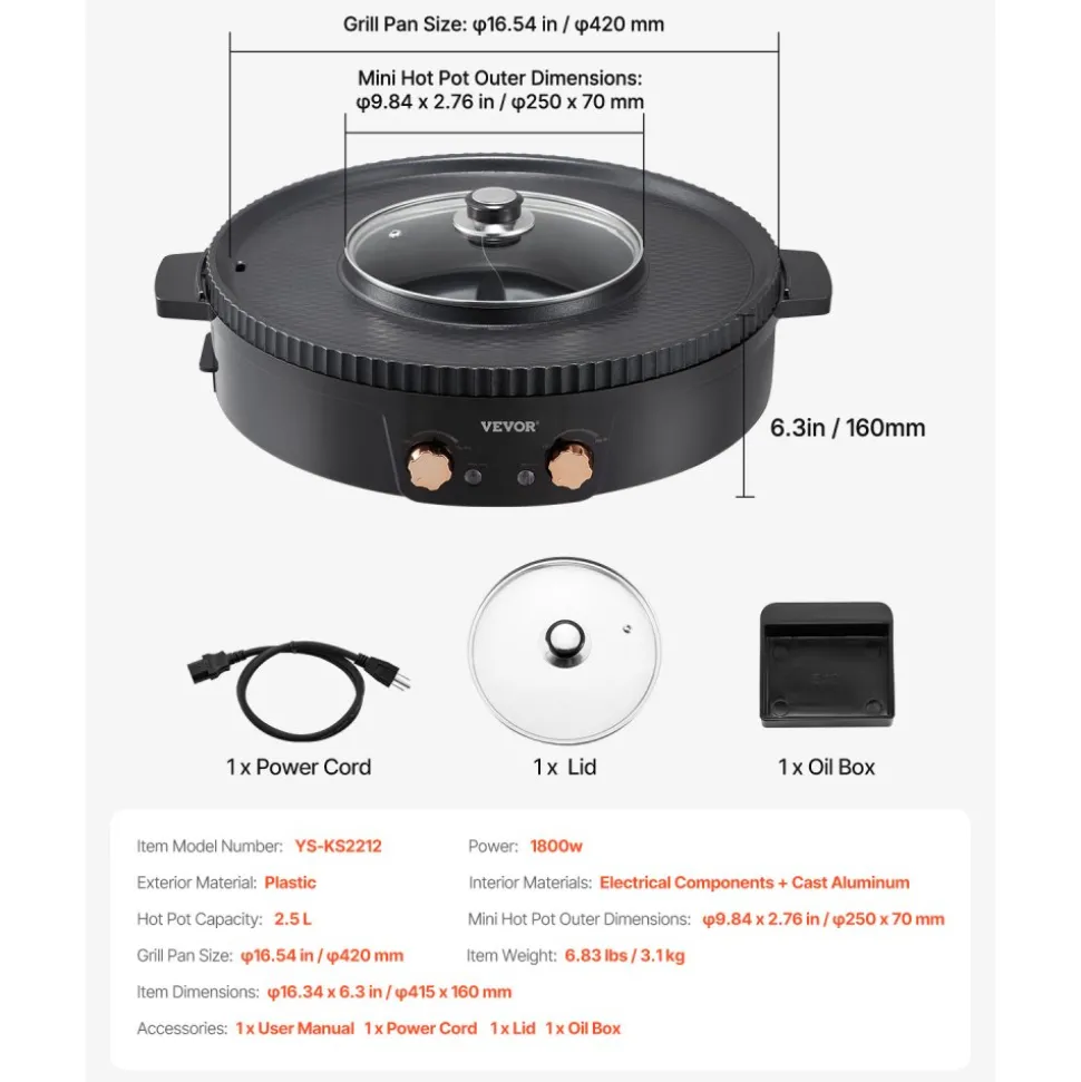 VEVOR Hot Pot with Grill, 1800W 2-in-1 Electric Smokeless Grill and Hot Pot, Korean BBQ Shabu Shabu Hotpot with Separate Dual Temperature Control, Non-stick Pan, for 2-8 People Family Dining