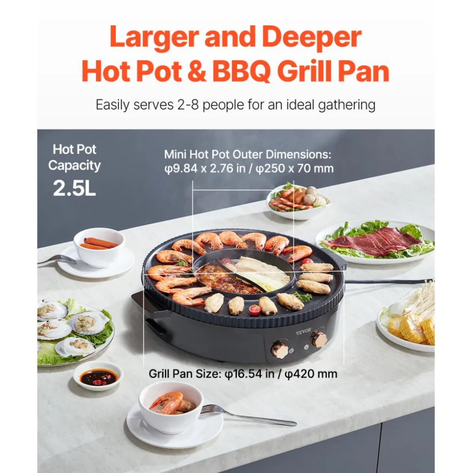 VEVOR Hot Pot with Grill, 1800W 2-in-1 Electric Smokeless Grill and Hot Pot, Korean BBQ Shabu Shabu Hotpot with Separate Dual Temperature Control, Non-stick Pan, for 2-8 People Family Dining