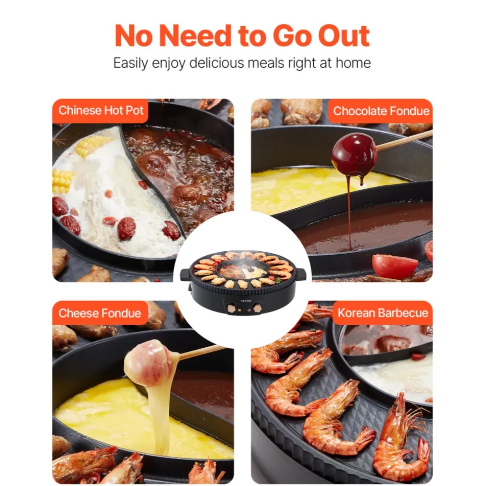 VEVOR Hot Pot with Grill, 1800W 2-in-1 Electric Smokeless Grill and Hot Pot, Korean BBQ Shabu Shabu Hotpot with Separate Dual Temperature Control, Non-stick Pan, for 2-8 People Family Dining