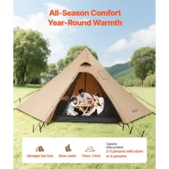 VEVOR Hot Tent for 4 Persons, Camping Tipi Hot Tents with Stove Jack & Inner Tent, Portable Winter Camping Tents with Snow Skirt, Easy Setup, Waterproof 4 Season Shelter Tents for Fishing Backpacking