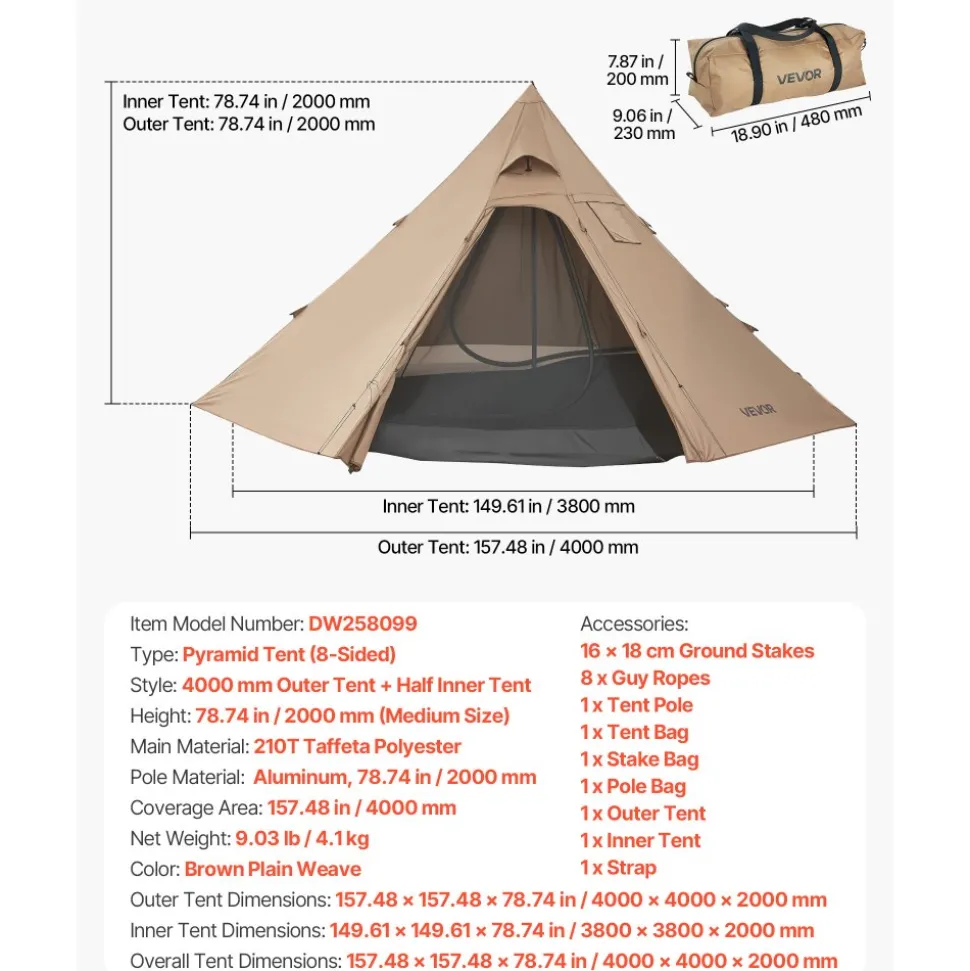 VEVOR Hot Tent for 4 Persons, Camping Tipi Hot Tents with Stove Jack & Inner Tent, Portable Winter Camping Tents with Snow Skirt, Easy Setup, Waterproof 4 Season Shelter Tents for Fishing Backpacking