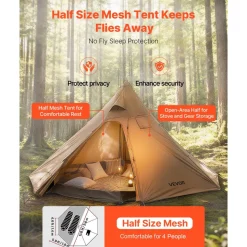 VEVOR Hot Tent for 4 Persons, Camping Tipi Hot Tents with Stove Jack & Inner Tent, Portable Winter Camping Tents with Snow Skirt, Easy Setup, Waterproof 4 Season Shelter Tents for Fishing Backpacking