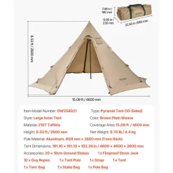 VEVOR Hot Tent for 4-6 Persons, Portable Winter Tipi Tent with Stove Jack, Waterproof Canvas Camping Tents, Lightweight 4 Season Shelter Tents for Hiking Fishing Backpacking, L Size