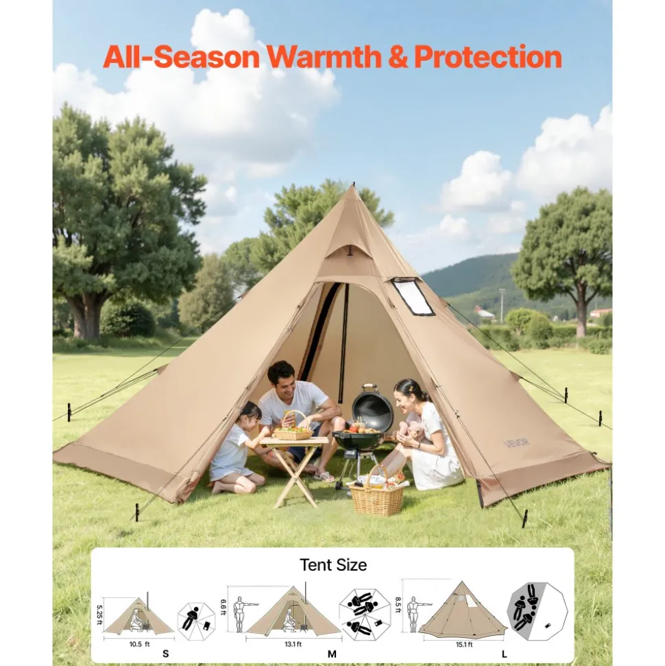 VEVOR Hot Tent for 4 Persons, Portable Winter Tipi Tent with Stove Jack, Waterproof Camping Tents, Lightweight 4 Season Shelter Tents for Hiking Fishing Backpacking, M Size